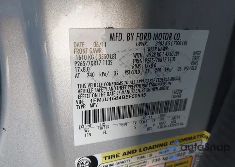 2011 Ford Expedition Xl from USA, damaged, VIN 1FMJU1G54BEF50545
